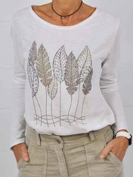 

Crew Neck Casual Shirts & Tops, White, Long sleeve tops