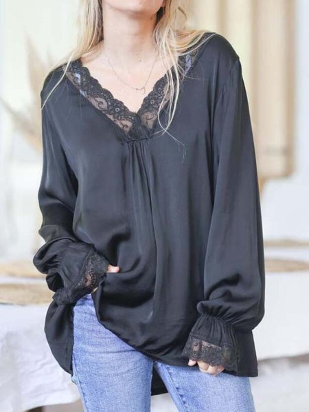 

Casual Plain V Neck Shirts & Tops, Black, Long sleeve tops