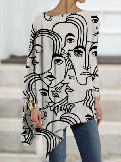 

Abstract Printed Boat Neck Loosen Irregularity Shirts & Tops, White, Long sleeve tops