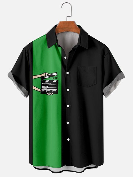 

Color Block Shirt Collar Short Sleeve Shirts, Black, Men's Floral shirt