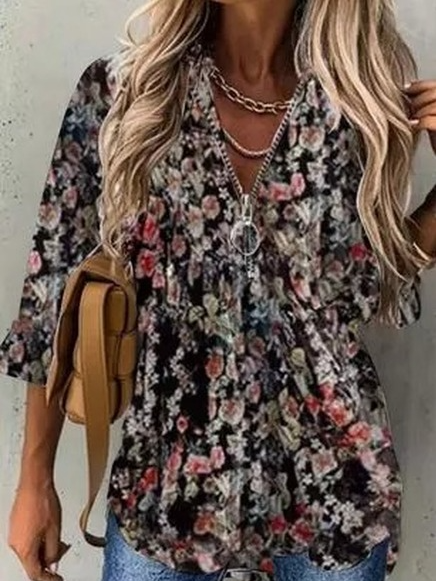 Floral V Neck Shirts & Tops, Black, Long sleeve tops