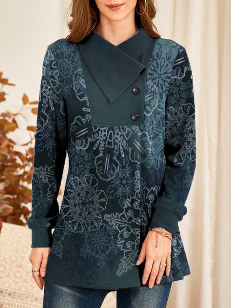 

Geometric Regular Fit Lapel Cotton Blends Shirts & Tops, Navyblue, Long sleeve tops