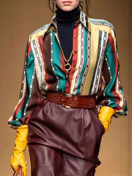 

Vintage Printed Shirt Collar Top, As picture, Blouses and Shirts