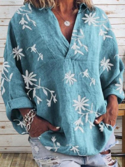 

V Neck Floral Loosen Off Shoulder Casual Long Sleeve Shirts & Tops, Blue, Long sleeve tops