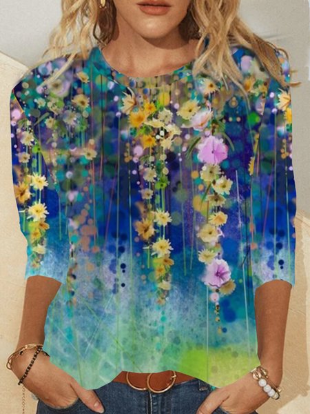 

Casual Crew Neck Floral Long Sleeve Shirts & Tops, As picture, Tops