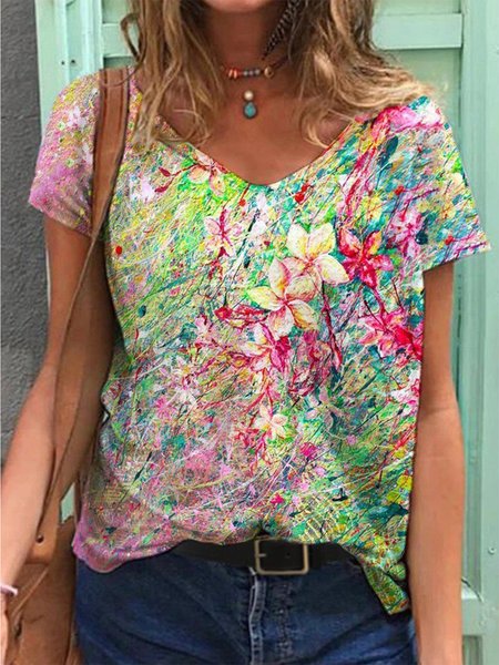 

Floral Print V Neck Short Sleeve Loosen Tops, Pink, T-Shirts