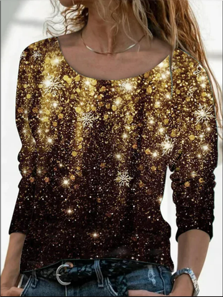 

New long sleeve round neck geometric gradient glittering Christmas print top T-shirt women, Black, Long sleeve tops