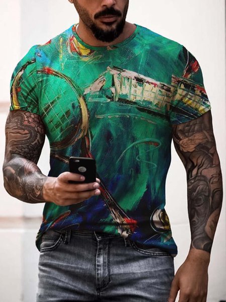 

Painted Short Sleeve Crew Neck Casual Shirts & Tops, As picture, Men's t-shirts