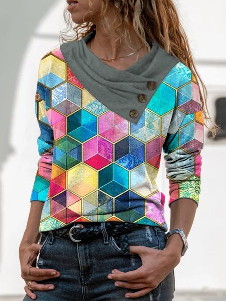 

Geometric Casual Cotton Blends Shirts & Tops, Multicolor, Long sleeve tops