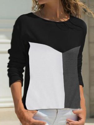 

Color Block Printed Crew Neck Casual Long Sleeve Shirts & Tops, Black, Long sleeve tops