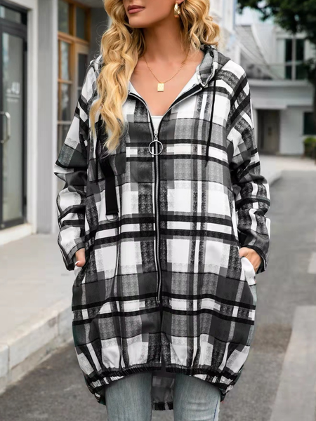 

Checked/Plaid Simple Cotton Hooded Outerwear, Black, Coats