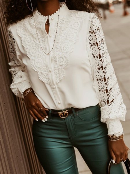 

Elegant Lace Stand Collar Top, White, Blouses and Shirts