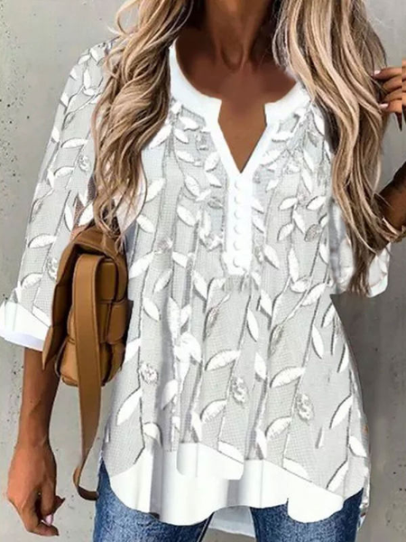 

Floral Leaves Casual Regular Fit Henley Shirts & Tops, White, Shirts & Blouses