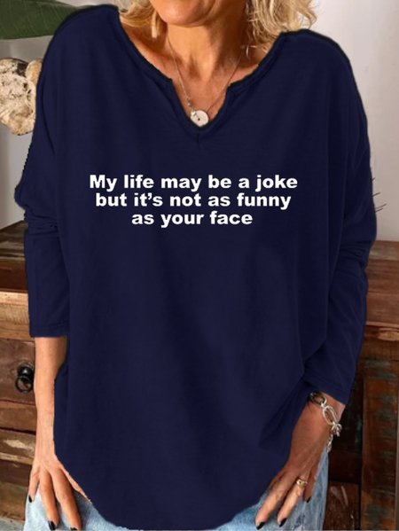 

Humorous and satirical text print notched neck long sleeve shirt, Purplish blue, Hoodies&Sweatshirts