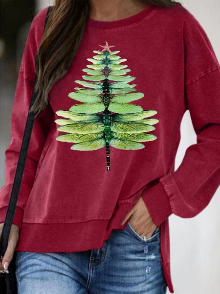 

Dragonfly Xmas Christmas Tree Regular Fit Crew Neck Letter Sweatshirt, Red, Hoodies&Sweatshirts