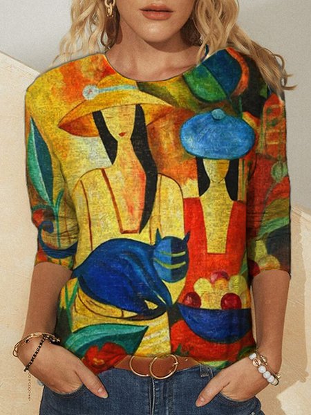 

Long Sleeve Crew Neck Abstract Hippie Shirts & Tops, Multicolor, T-Shirts