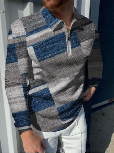 

Men's Abstract Geometric Print Casual Polo Shirt, Blue, polo