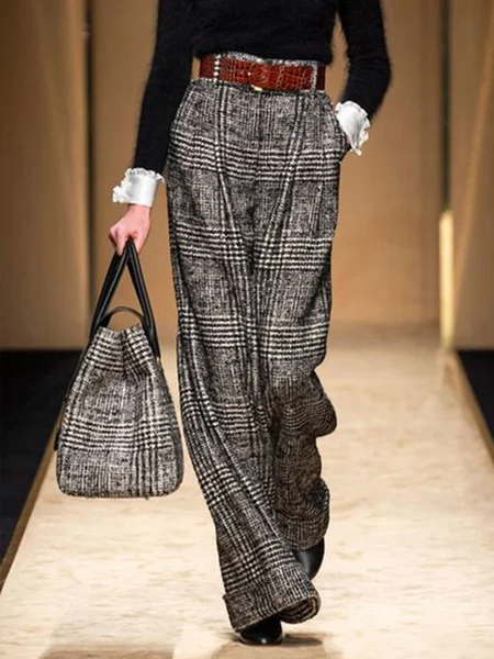

Formal Checked/Plaid Loosen Pants, As picture, Wide Leg Pants