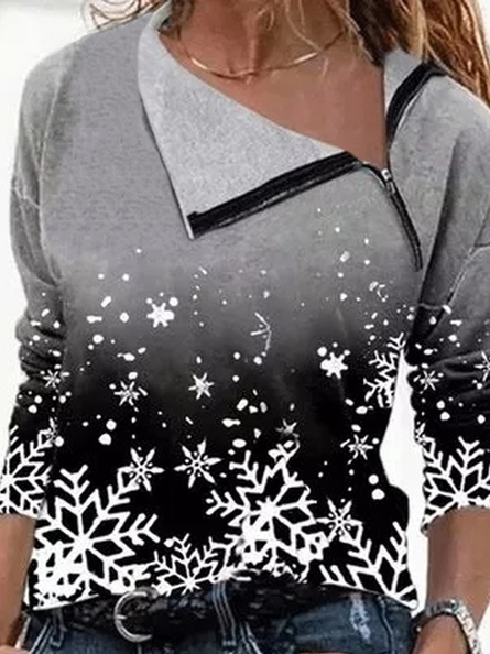 

Christmas Casual Snowflakes Printing Tops, Gray, Long sleeve tops