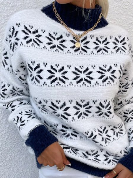 

Casual Stand Collar Christmas Snowman Sweater, Navy blue, Pullovers