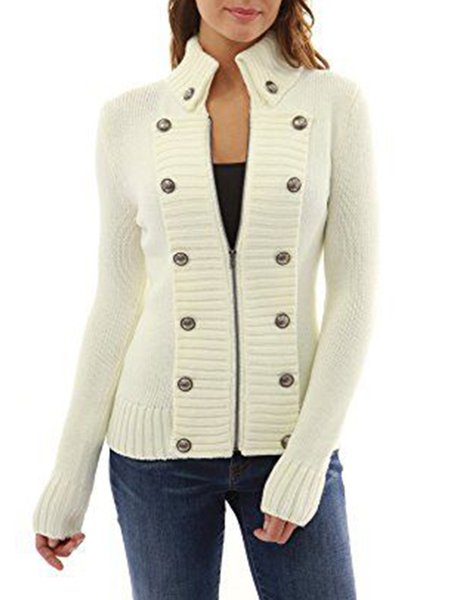 

High Neck Solid Skinny Long Sleeve Outerwear, White, Cardigans
