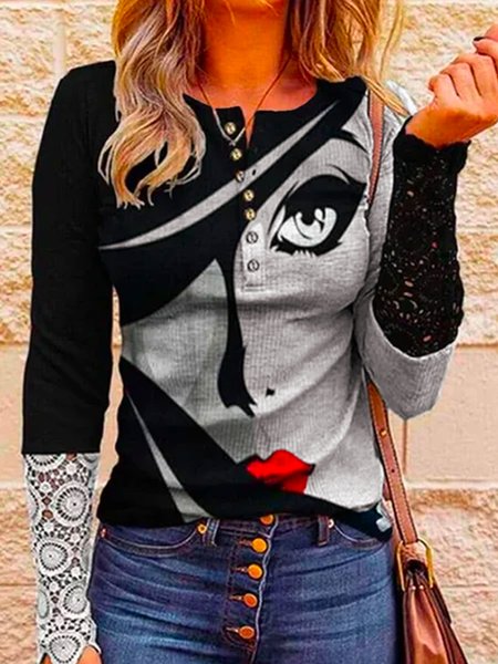 

Scollo a V Top, Nero - grigio, T-Shirts