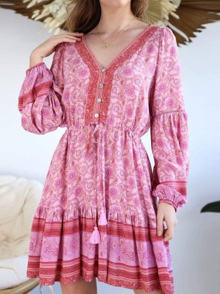 

Long Sleeve V Neck Floral Dresses, Pink, Mini Dresses
