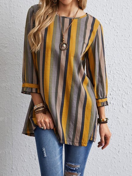 

Striped Crew Neck Cotton Blends Casual Shirts & Tops, Multicolor, Tops