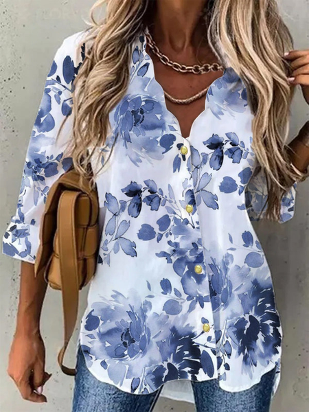 

Casual Floral Cotton Blends Long sleeve Shirts & Tops, White, Shirts & Blouses