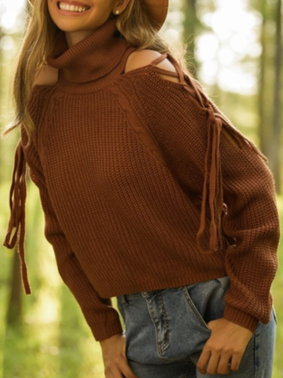 

High Neck Plain Sweater Shoulder strap sweater, Cameo brown, Sweaters
