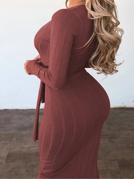 

Plain Plunging Neck Elegant Sweater With Belt, Coffee, Midi Dresses