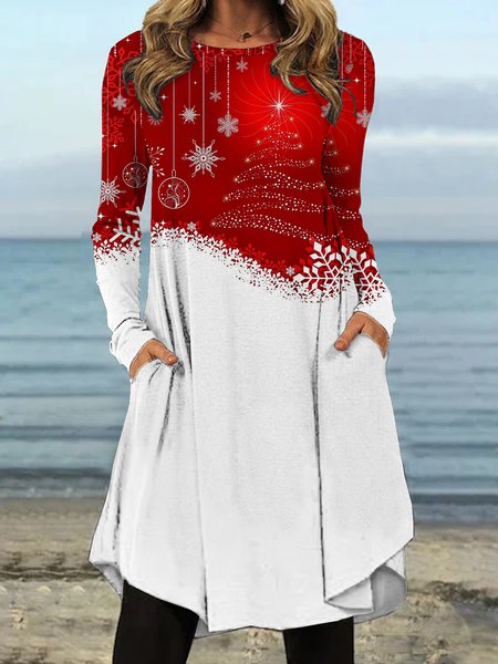 

Women Casual Christmas Round Neck Mini Dresses, Red, Mini Dresses