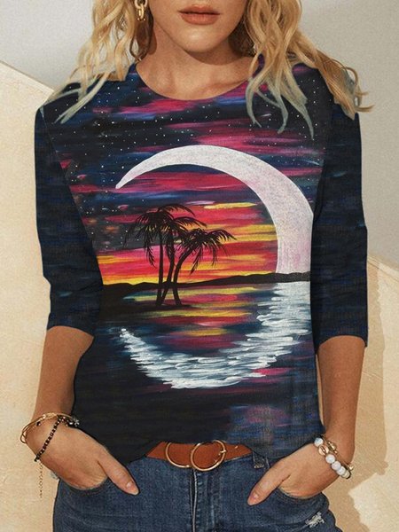 

Abstract landscape print round neck long sleeve shirt, As picture, Hoodies&Sweatshirts
