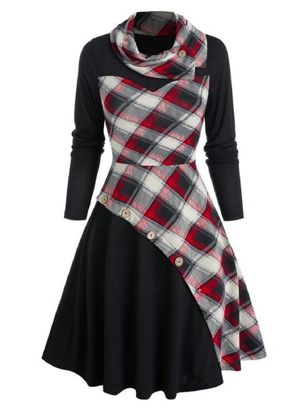 

Casual Checked/Plaid Cowl Neck Long Sleeve Dresses, As picture, Mini Dresses