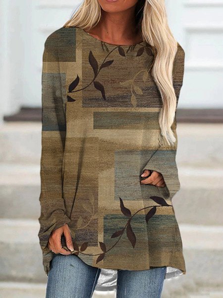 

Color Block Crew Neck Shirts & Tops, Brown, Long sleeve tops