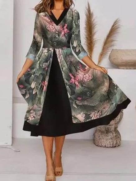 

V Neck Elegant Regular Fit Dresses, Black, Floral Dresses