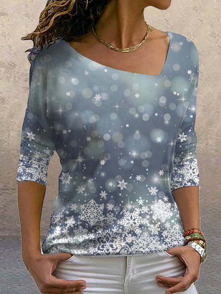 

Long sleeve geometric gradient snowflake elastic top T-shirt, Blue, Long sleeve tops