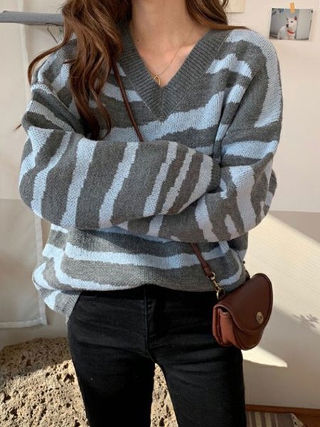 

Loosen V Neck Yarn/Wool Yarn Sweater, Blue gray, Sweaters
