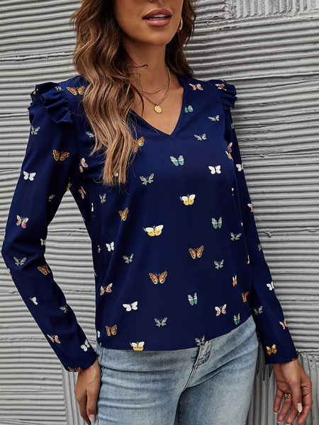 

V Neck Raglan Sleeve Butterfly Shirts & Tops, Blue, Long sleeve tops
