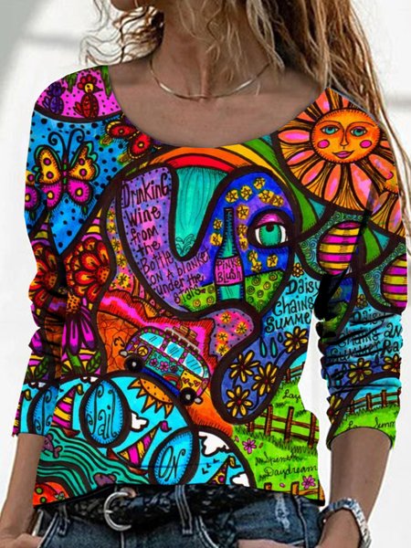 

Casual Long Sleeve Round Neck Plus Size Printed Tops T-shirts, As picture, T-Shirts