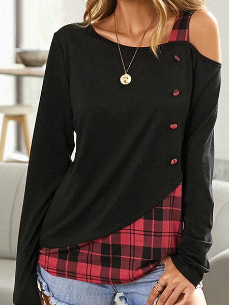 

Plaid Patchwork Casual Off Shoulder Long Sleeve Blouse & Tops, Black, Long sleeve tops