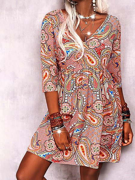 

V Neck Loosen Paisley Dresses, Red, Mini Dresses