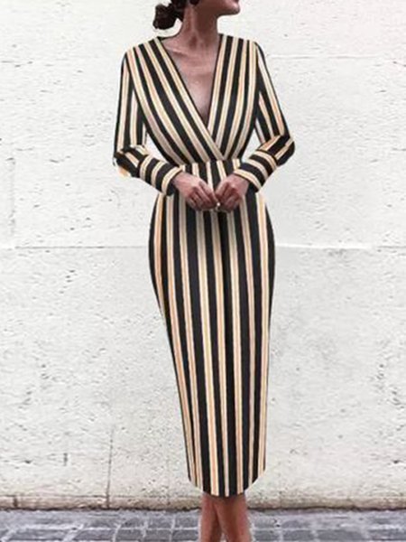 

V Neck Elegant Regular Fit Dresses, As picture, Midi Dresses