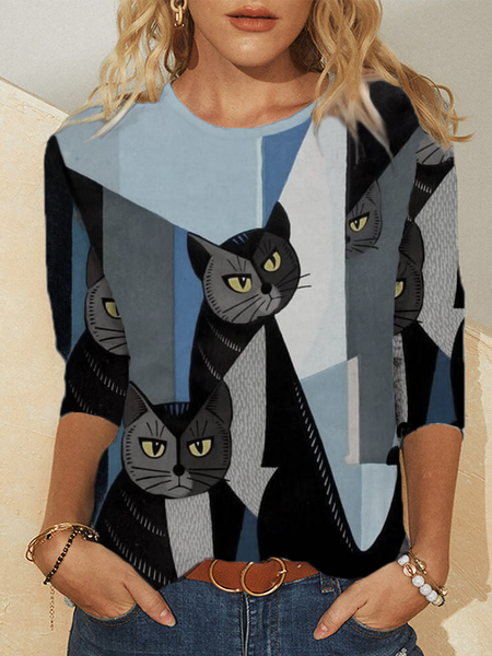 

taglia grande Gatto Stampato Top, Blu, T-Shirts