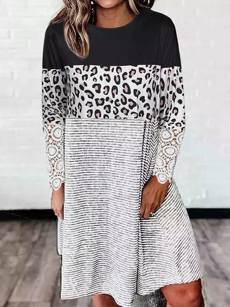 Crew Neck Striped Loosen Dresses, Gray, Casual Dresses