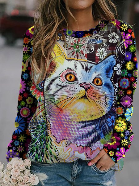 

Loosen Crew Neck Floral Sweatshirt, As picture, Hoodies & Sweatshirts