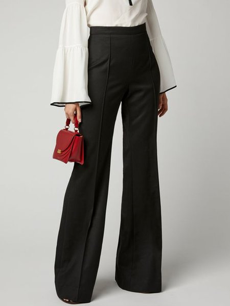 

High Waist Work Date Daily Plain Pants, Black, Wide Leg Pants