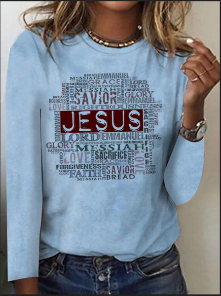 

Letter Print Long Sleeve Round Neck Casual Blue Tops, Long sleeve tops