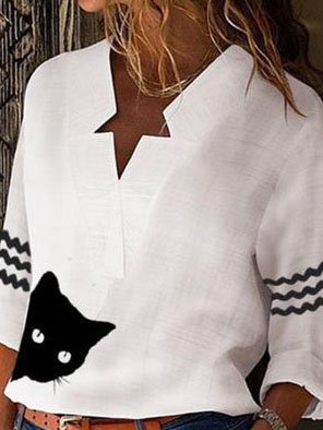 

Cat Printed Notched Loosen Long Sleeve Casual Shirts & Tops, White, Shirts & Blouses