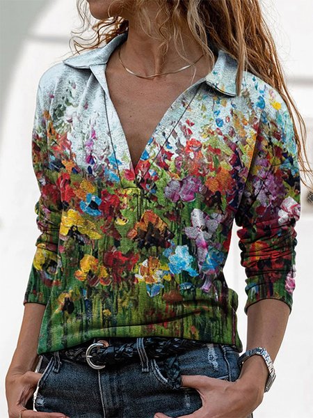 

Floral Pastoral V Neck Long Sleeve Shirts & Tops, Multicolor, T-Shirts
